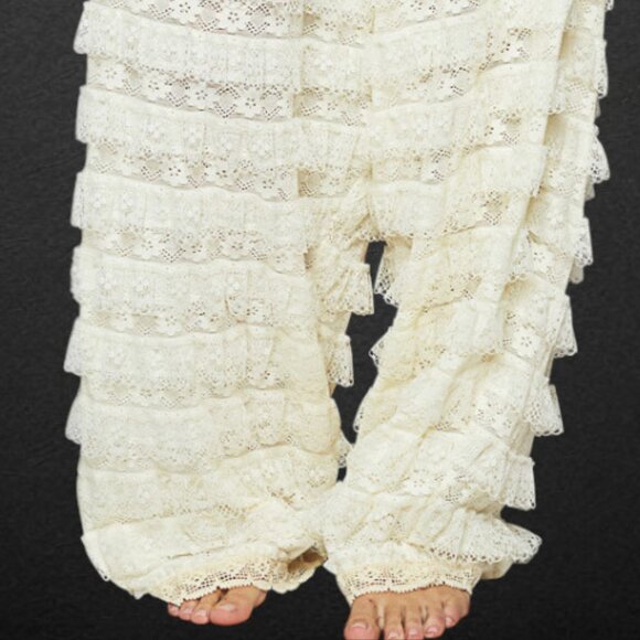 The Romantic Gypsy Soft Eyelet Lace Ruffles Tapered Wide Leg Oversized Pants - Picture 4 of 10